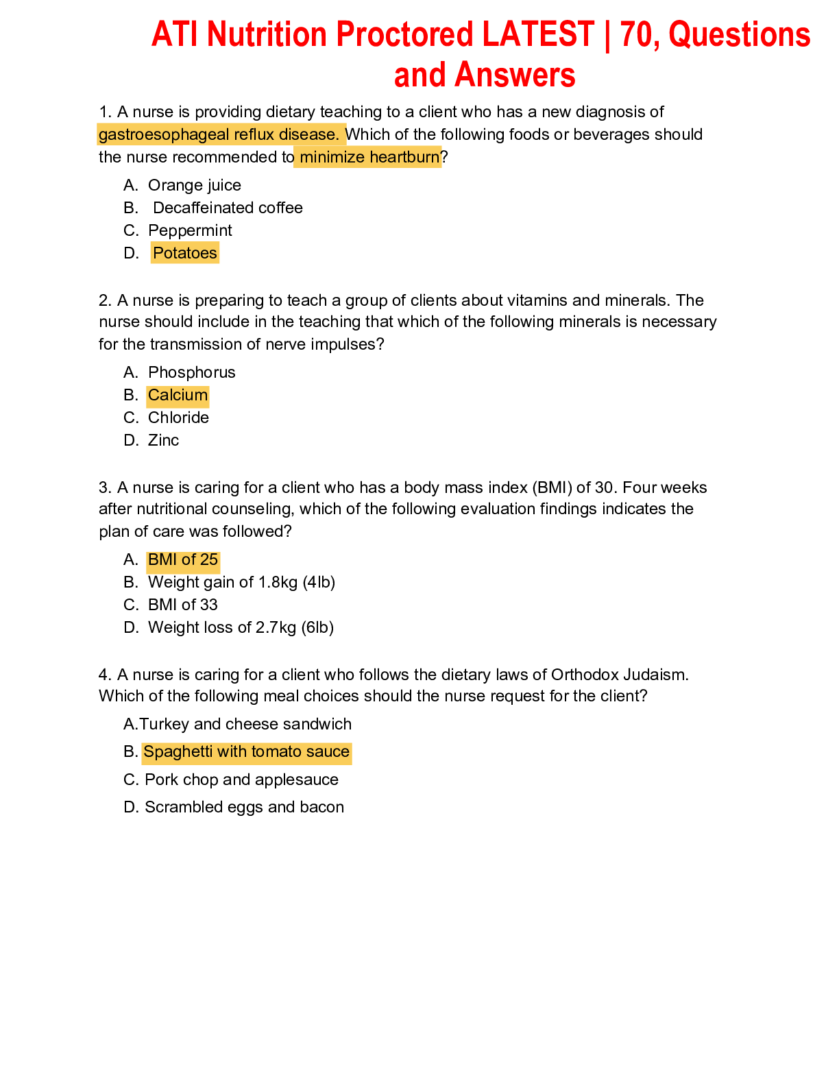 Preview image for ATI Nutrition Proctored LATEST | 70, Questions and Answers